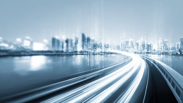 Futuristic Cityscape with Light Trails, Abstract Urban Technology, Blue Tones, Modern Architecture - Powered by Adobe