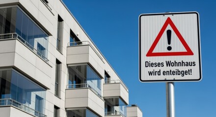Obraz premium Apartment Building with Sign Reading: This Residential Building Will Be Expropriated in Germany on a Sunny Day