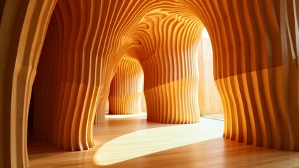 Curved wooden cave installation decoration space area