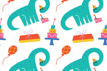 Flat cartoon vector illustration, cute diplodocus dinosaur birthday pattern with party hats, cake candles, gifts, playful cheerful seamless design for wrapping paper, cards and festive projects
