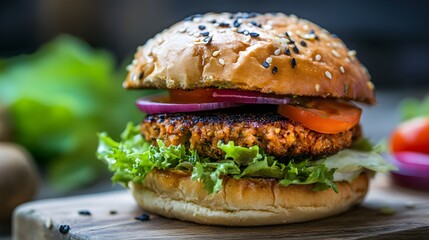 Vegan burger with lettuce tomato and onion on sesame seed bun