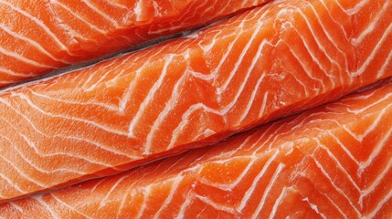 Stacked fillets of raw salmon display vibrant orange flesh and distinct white fat lines