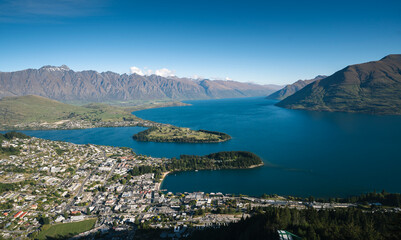 Queenstown Panorama at golden hour, New Zealand, South Island. View from Queenstown Skyline, main...