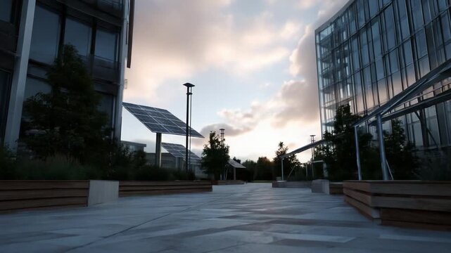A serene urban space captured in two frames showcasing the transition of light from dawn to dusk, highlighting modern architecture, greenery, and renewable energy elements through solar panels.