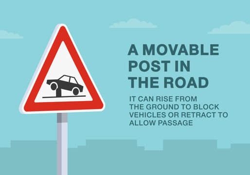 Fototapeta Safe driving tips and traffic regulation rules. Close-up of european "retractable bollard in the traffic lane ahead" sign meaning. A movable post in the road. Flat vector illustration template.