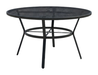 Dining setup with round black metal table in garden isolated on transparent background