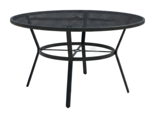 Dining setup with round black metal table in garden isolated on transparent background