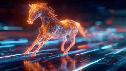 Glowing horse illustration, digital artwork rendering with orange particles and blurred background, futuristic energy effect