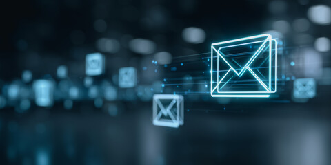 An abstract and futuristic image showcases digital envelopes, symbolizing the global flow of information. Glowing with a cool, vibrant light, they are set against a dark, blurred background. 