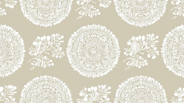 Seamless pattern featuring intricate circular motifs and stylized botanical elements on a muted background