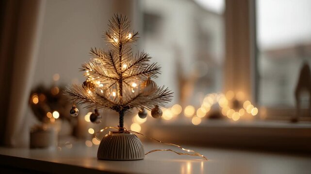 Macro shot of tabletop Christmas tree with soft string lights and simple ornaments, modern small apartment decor, small space christmas decor