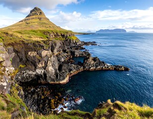 Coastal scene with a unique mountain, ocean, and rugged cliffs