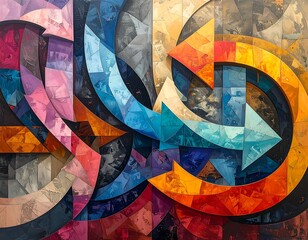 Abstract geometric artwork featuring arrows and overlapping shapes