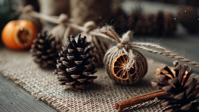 Macro shot of pine cones, dried oranges, and twine decorations on wooden table, cozy sustainable Christmas aesthetic, eco rustic christmas home
