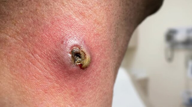 Close-up of a severe skin infection on a persons neck with medical equipment in the background.
