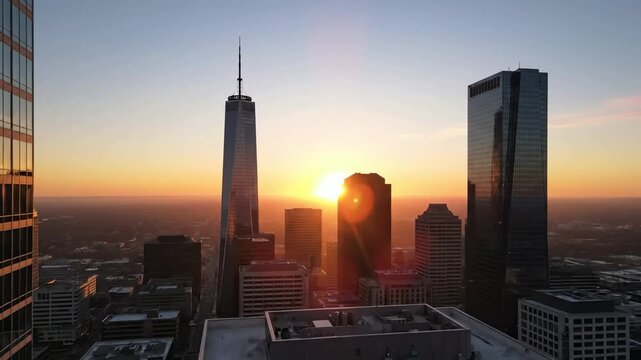 Sunrise over a modern city skyline with tall skyscrapers bathed in golden light