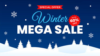Winter mega sale banner template with snow landscape background and snowflake, modern seasonal promotion design for sale ads, digital marketing, social media, web and pages