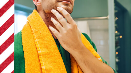 Skincare For Men Christmas A man with a towel around his neck touches his chin in a bathroom setting.