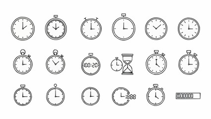 Collection of Various Clock and Timer Icons Representing Time Measurement.