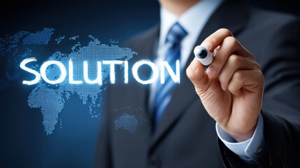Businessman Writes 'Solution' Over Digital World Map Display, Representing Problem Solving and Global Strategy