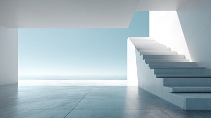 Obraz premium Minimalist Architecture Featuring Bright White Staircase and Sky View, Modern Building Design, Abstract Interior Concept
