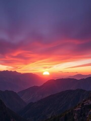 Sunset over majestic mountains with vibrant hues of orange, pink, and purple, serene, elevation