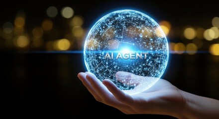 Fototapeta premium AI Agent Concept: Hand Holding Futuristic Sphere Representing Artificial Intelligence on Dark Background