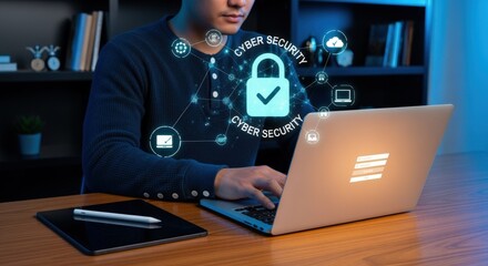Man using laptop for cybersecurity with lock icon. Internet security and data protection concept.