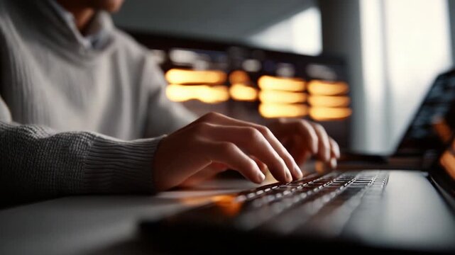 Close-Up View of a User Typing on a Laptop Keyboard with a Focus on the Hands, Capturing the Intensity and Engagement of Digital Interaction in a Modern Workspace Environment