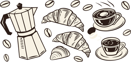 Hand drawn sketch of coffee pot croissants and coffee cups with beans