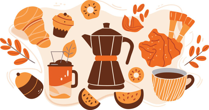 Cozy autumn coffee break with croissants and warm drinks - Powered by Adobe