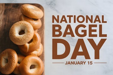 National Bagel Day celebration banner with fresh sesame bagels on rustic wooden tray