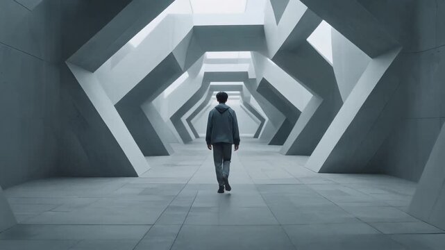 暗い未来空間の中、人物がゆっくり前方へ歩き、AI幾何学が進路のように形成される映像。
抽象的なジオメトリが穏やかに発光し、進化や成長を象徴。
青系の光とミニマルな構成で、静かで希望的な近未来トーン。