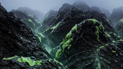 Bright green moss grows on dark rocks in a rocky landscape. Mist surrounds the area, creating a unique view of nature at dawn with the light barely breaking through