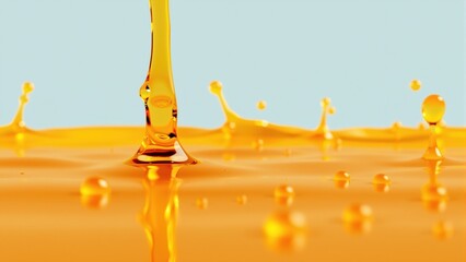 golden liquid flows slowly and creates droplets on a smooth surface. setting has bright lighting, highlighting the texture and movement of the liquid