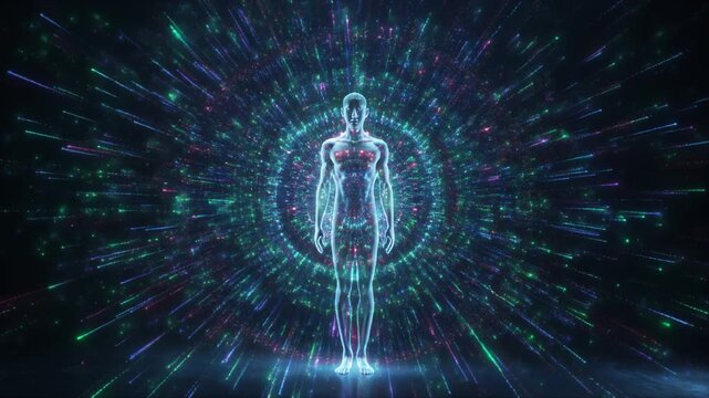 暗い背景の中、人物の後ろ姿が浮遊するニューラルネットワークと向き合う映像。
柔らかく発光するノードと線がゆっくりと動き、思考や知性を表現。
全体は静かで未来的、青系の光が印象的なデジタル空間。
