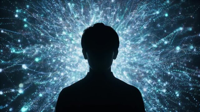 暗い背景に立つ人物シルエットの頭部周辺を、青白いAI光粒子がゆっくりと循環する映像。
データフローのような抽象的な光表現が、人工知能と人間の思考を象徴。
全体は静かで落ち着いた未来的トーン、ミニマルで洗練された雰囲気。