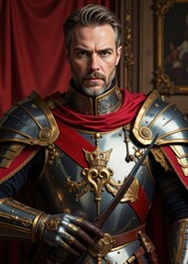 man dressed in detailed armor holds a sword in one hand. He stands confidently in front of ornate paintings and deep red fabric. scene shows a historic atmosphere