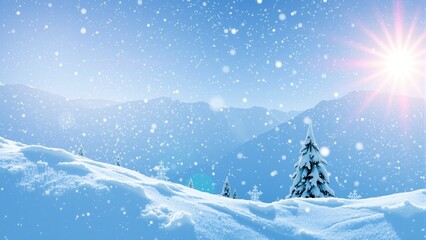 Snow falls gently on a landscape filled with mountains and a tree. sun shines brightly in the sky, creating a cold winter scene in the daylight