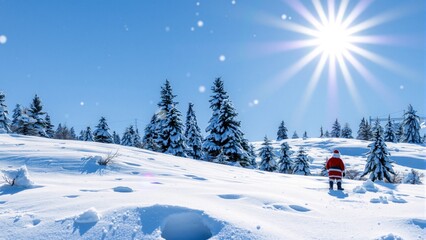 Santa stands in deep snow surrounded by tall evergreen trees. bright sun shines in a clear blue sky, creating a winter scene filled with snowflakes