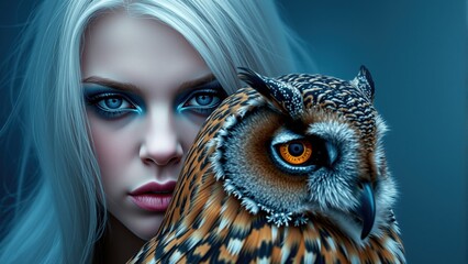 woman with light hair stands next to an owl with orange eyes. background is dark, and the focus is on their faces, showcasing a connection between them