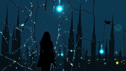 woman looks out through broken glass towards a city skyline at night. Blue lights and dark shapes form the background while a bird sits nearby. scene shows solitude and contemplation