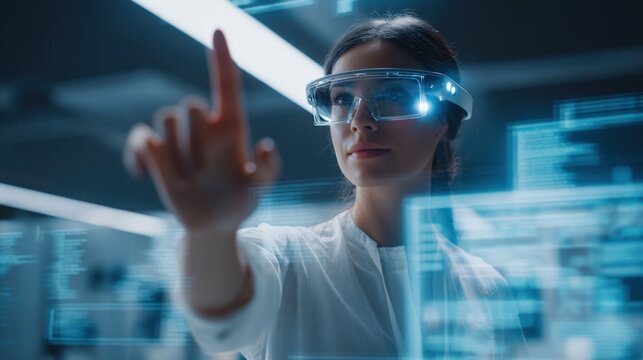 Female Scientist Using Augmented Reality Glasses in High Tech Laboratory Environment for Research and Development - Powered by Adobe