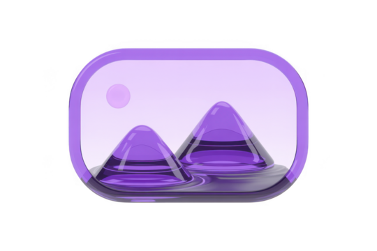A vibrant purple abstract 3d icon featuring a minimalist landscape with mountains and a sun - Powered by Adobe