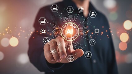 Fototapeta premium Businessman interacting with AI technology hologram in office setting