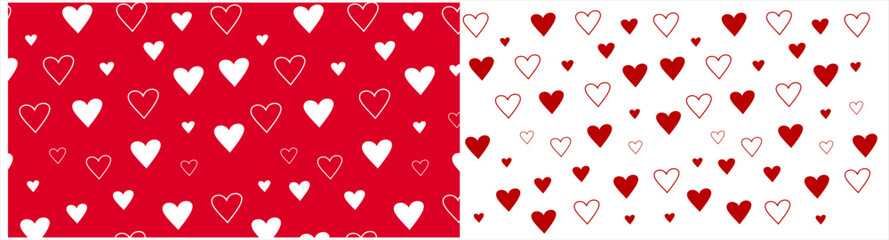 Heart seamless pattern doodle background for love or Valentines Day. Red and white hand drawn romantic texture for wallpaper and wrapping paper. Vector design for card, banner modern  template happy n