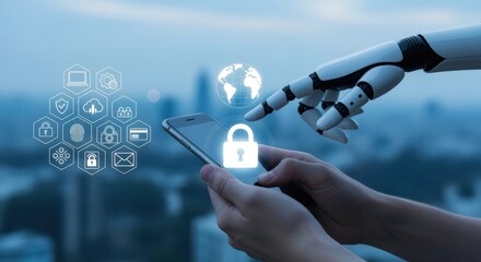 AI-Powered Cybersecurity: Robot Hand Securing Mobile Device with Lock Icon on Blurred Cityscape Background