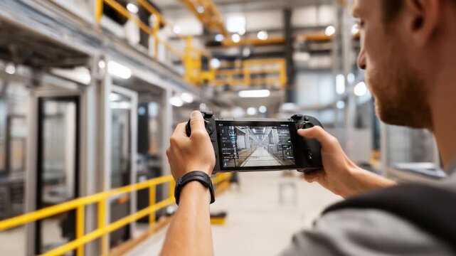 A person captures the industrial workspace with a handheld device, showcasing advanced technology and thoughtful composition as they explore the intersection of art and machinery in the environment.