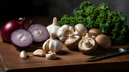 Fresh Harvest: A still life of fresh, vibrant vegetables, capturing the essence of a bountiful harvest, perfectly arranged on a rustic wooden cutting board.