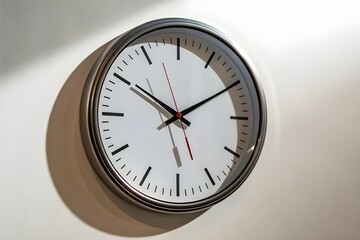 Modern wall clock with metal rim and glass cover featuring sharp details and realistic shadow cast on a clean interior wall - AI Generated